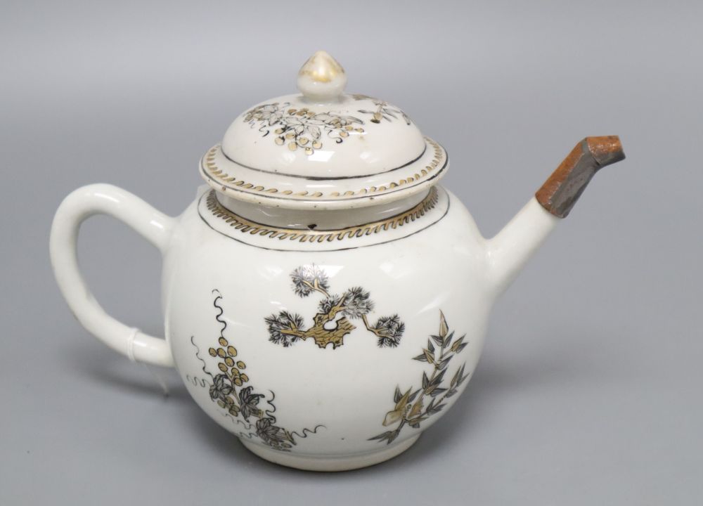 An 18th century Chinese export porcelain teapot, gilt and en grisaille painted with foliage, height 14cm (old repair to spout)